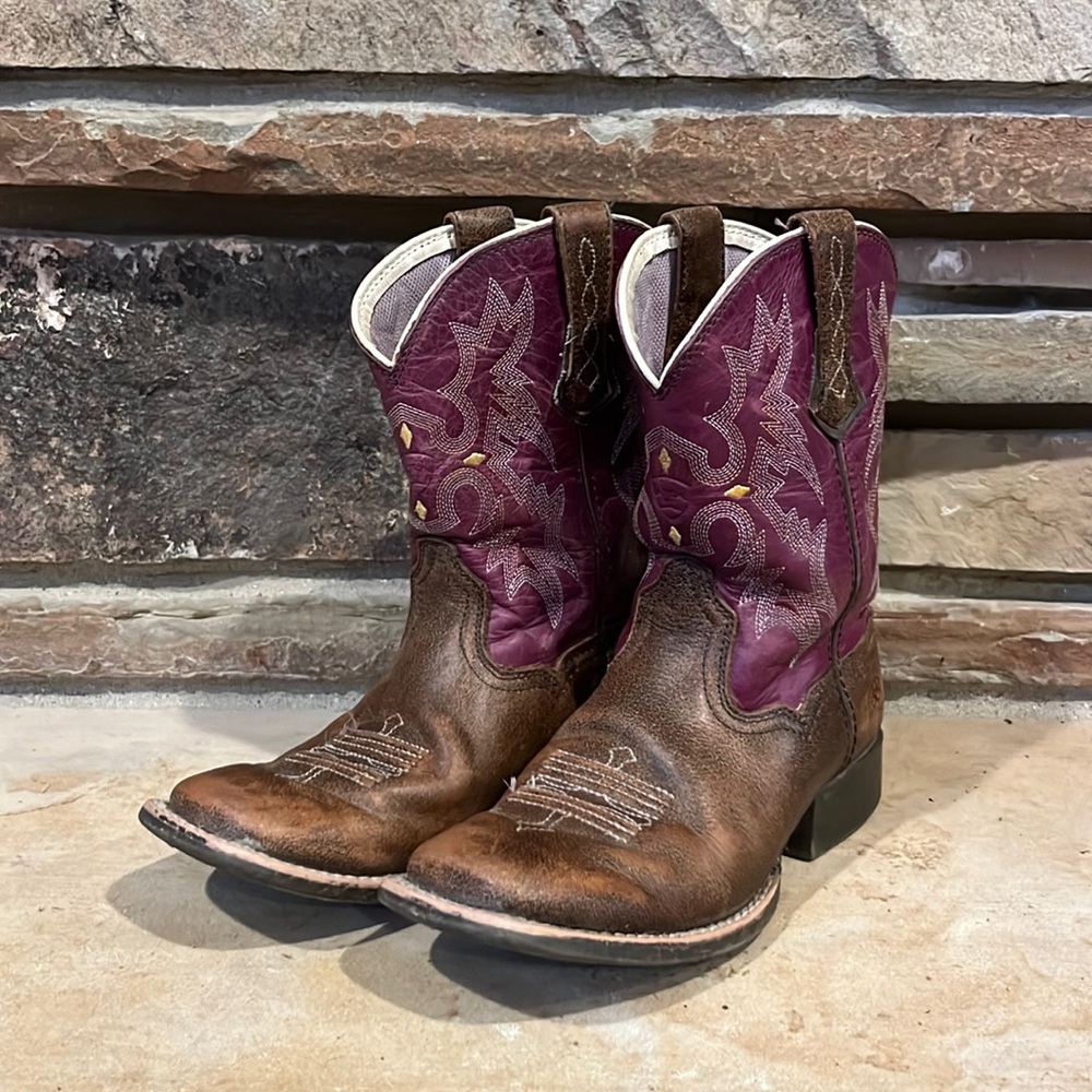 Ariat Tombstone Square Toe Western Boots Purple and Brown Leather